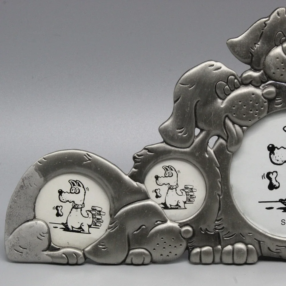 Pewter Dog Multi Photo Frame 4 Opening Puppy Cartoon Silver Tabletop Decor